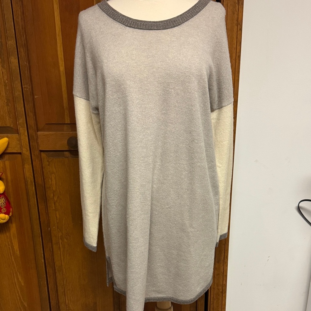 Gray and Cream Long Sleeve Cashmere Sweater Dress